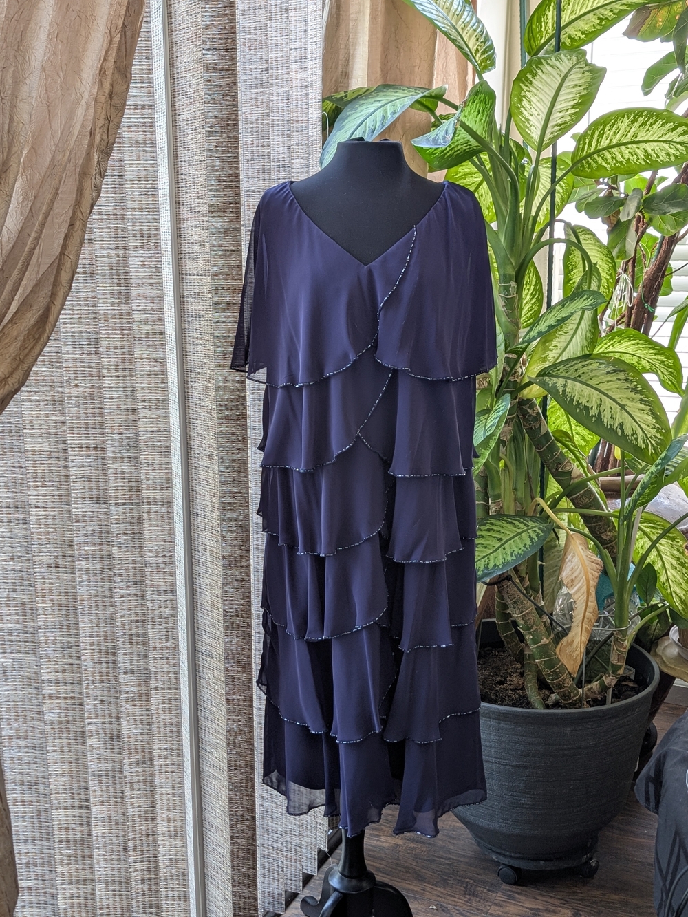 Patra Layered with Beading Dress Layered V-Neck Lapis Size 18 W